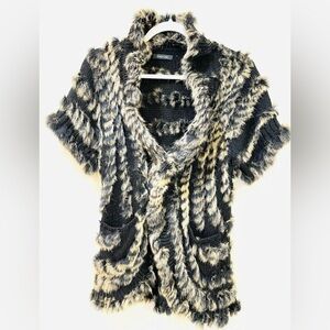 Dolce Cabo Women's Rabbit Fur Cardigan Black Knit Open Front Vest Pockets Size M